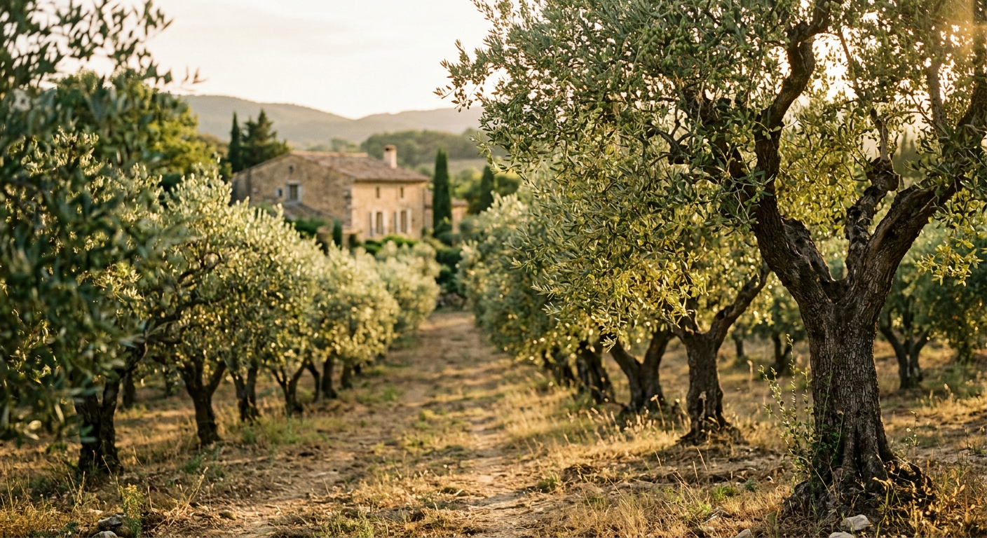Oliviers centenaires du domaine à Lunel-Viel dans la lumière dorée du Languedoc