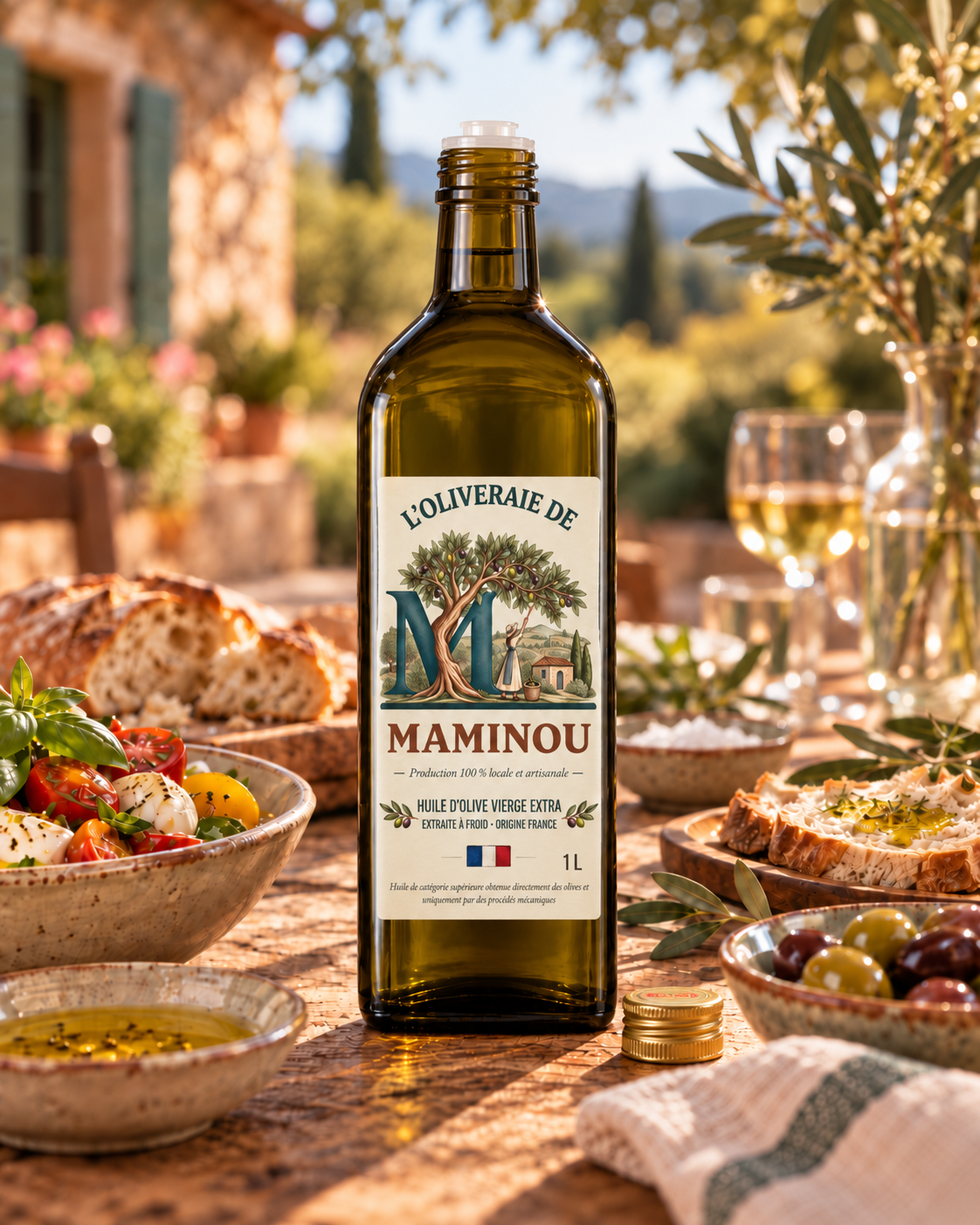 Bouteille d'huile d'olive Maminou mise en scène sur une table provençale